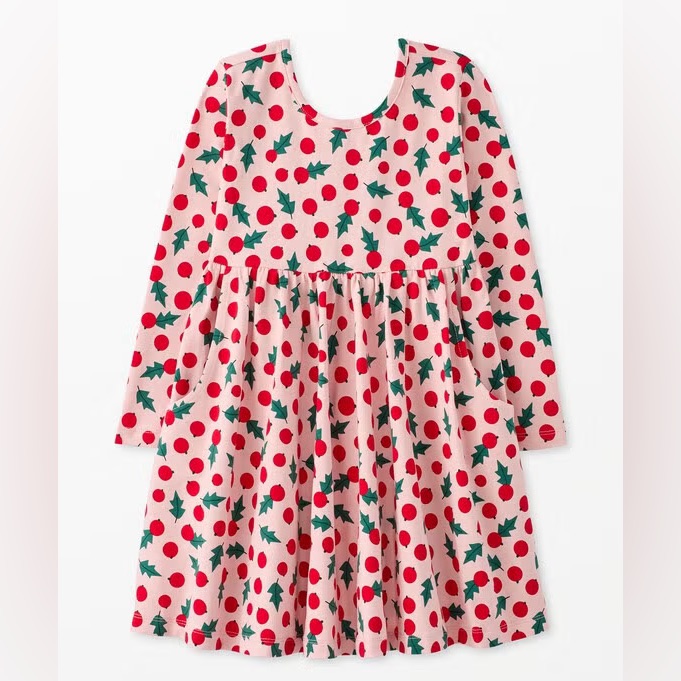 Nwt Hanna Andersson Holiday Ls Skater Dress, Snowberries Pink, Size 110 (Us 5)